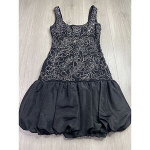 Sue Wong Dress Black White 4 Cocktail Bubble Hem Silk Soutache Lace Floral‎